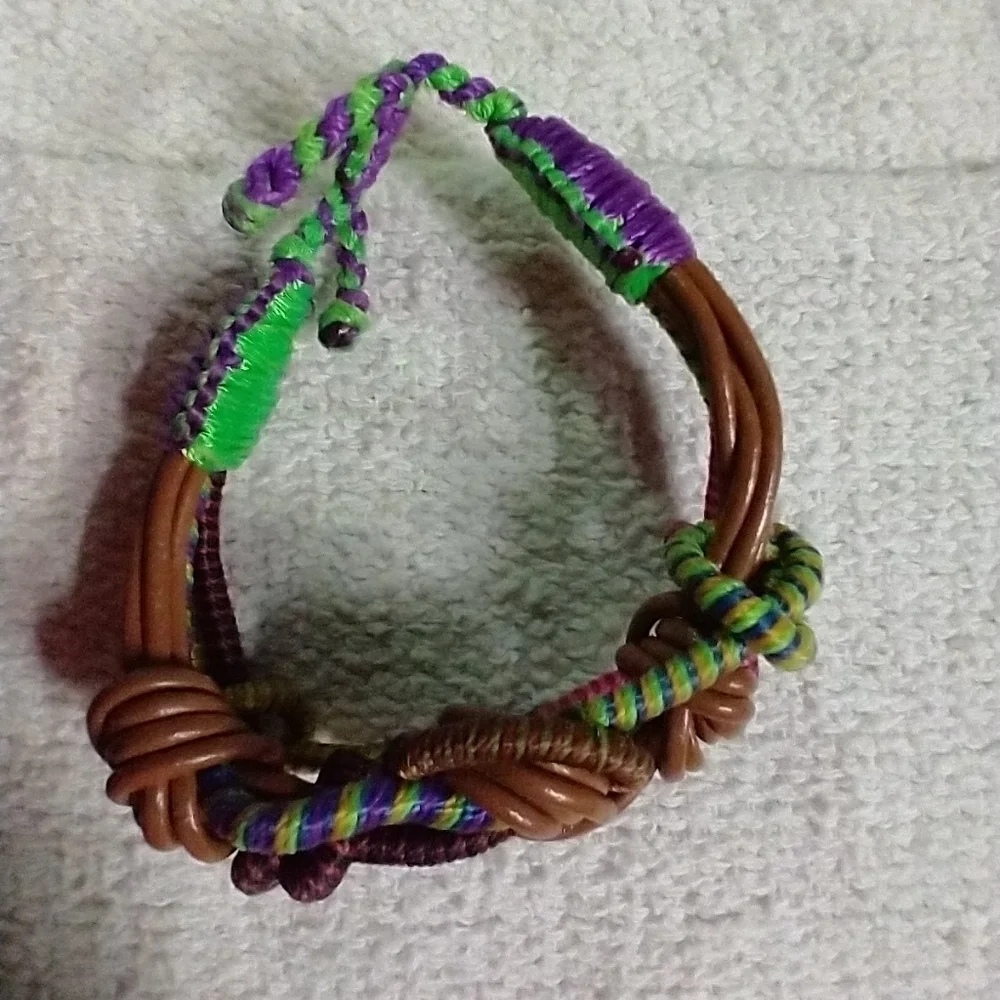 Brown faux leather colorful cord knotted adjustable bracelet